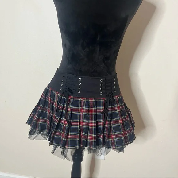 Royal Bones Daang Goodman Tripp Tartan Plaid Black Pleated Tulle Mini Skirt Sz M - Picture 3 of 10